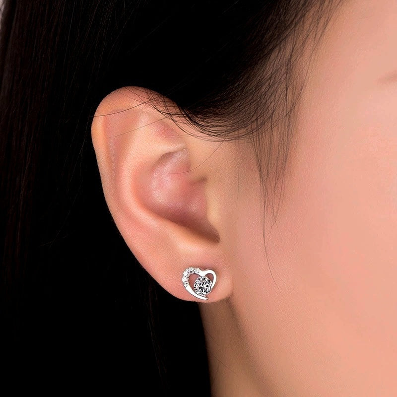 Sterling Silver Diamond Heart Stud Earrings