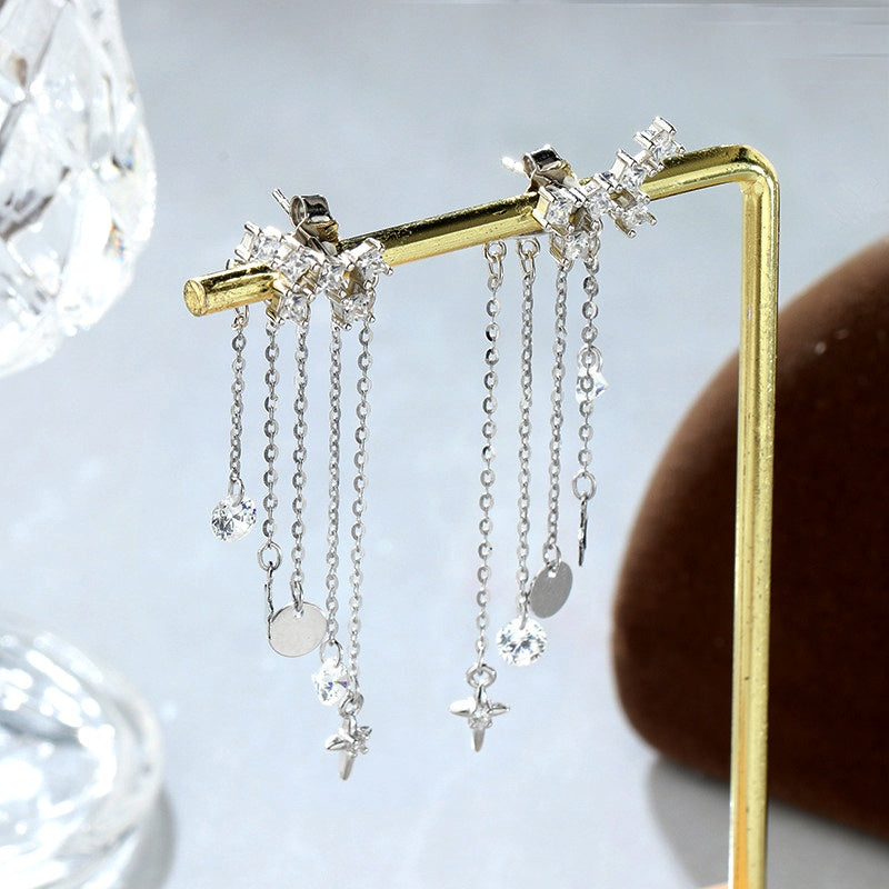 Sterling Silver Elegant Zircon Diamond Tassel Earrings