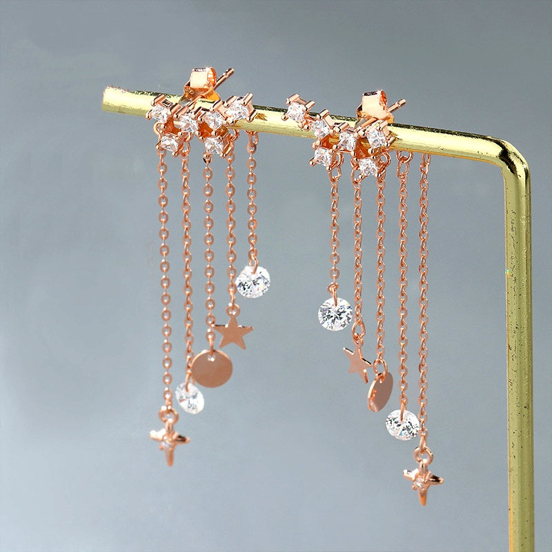 Sterling Silver Elegant Zircon Diamond Tassel Earrings