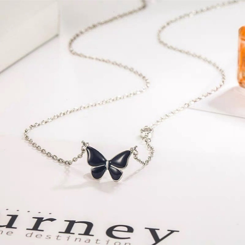 Sterling Silver Elegent Black And Blue Butterfly  Necklaces