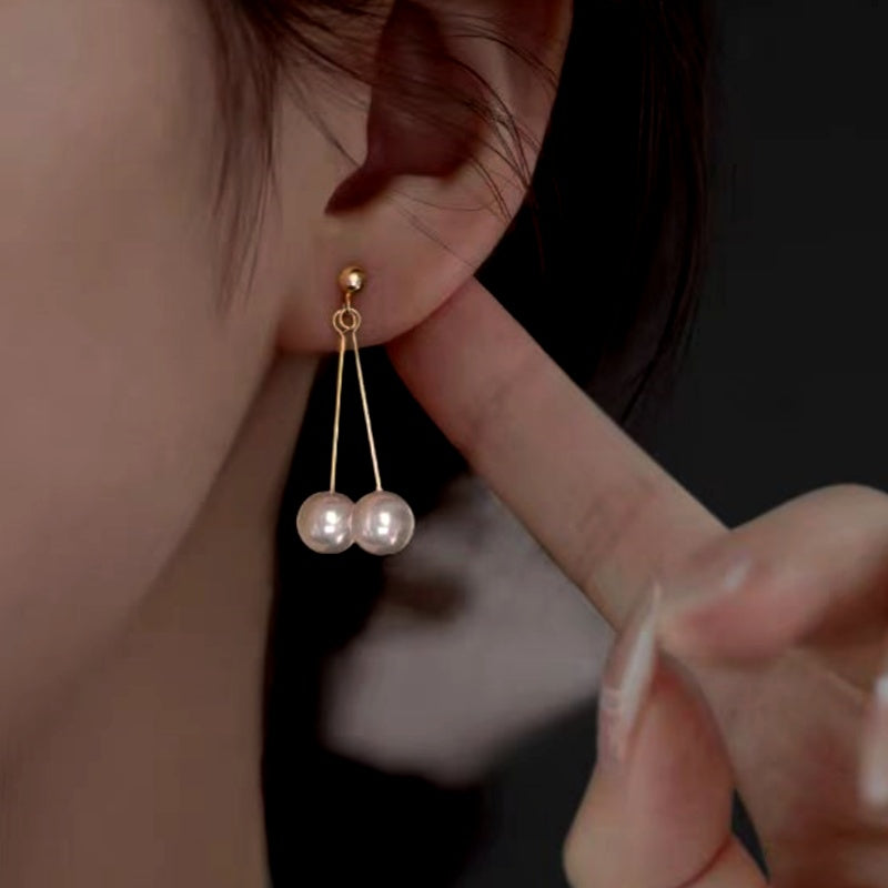 Sterling Silver Hanging Double-Pearl Earrings