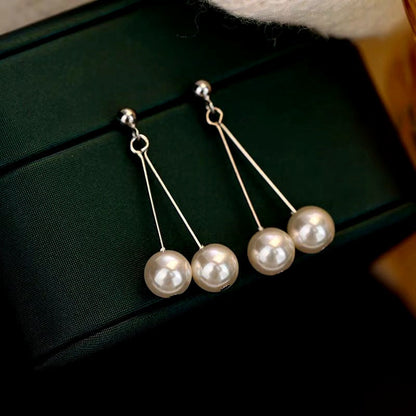 Sterling Silver Hanging Double-Pearl Earrings