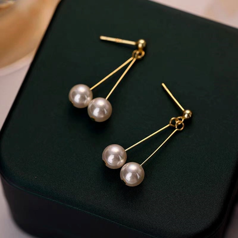 Sterling Silver Hanging Double-Pearl Earrings
