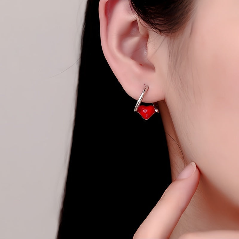 Sterling Silver Red Heart Earrings