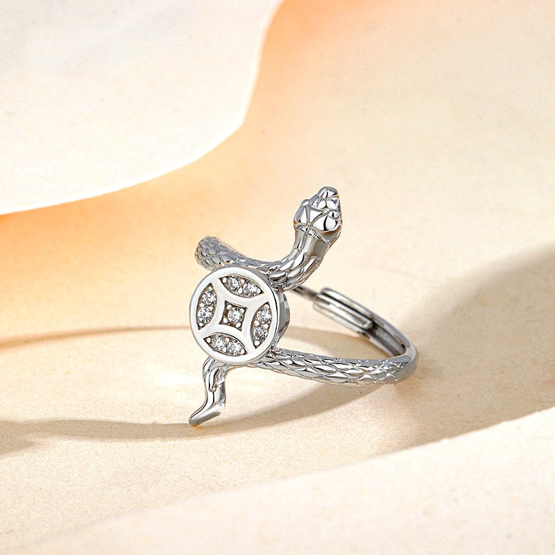 Sterling Silver Snake Diamond-Encrusted Rotating Copper Coin Rings