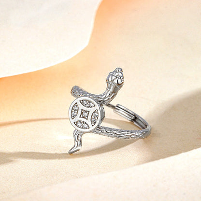 Sterling Silver Snake Diamond-Encrusted Rotating Copper Coin Rings