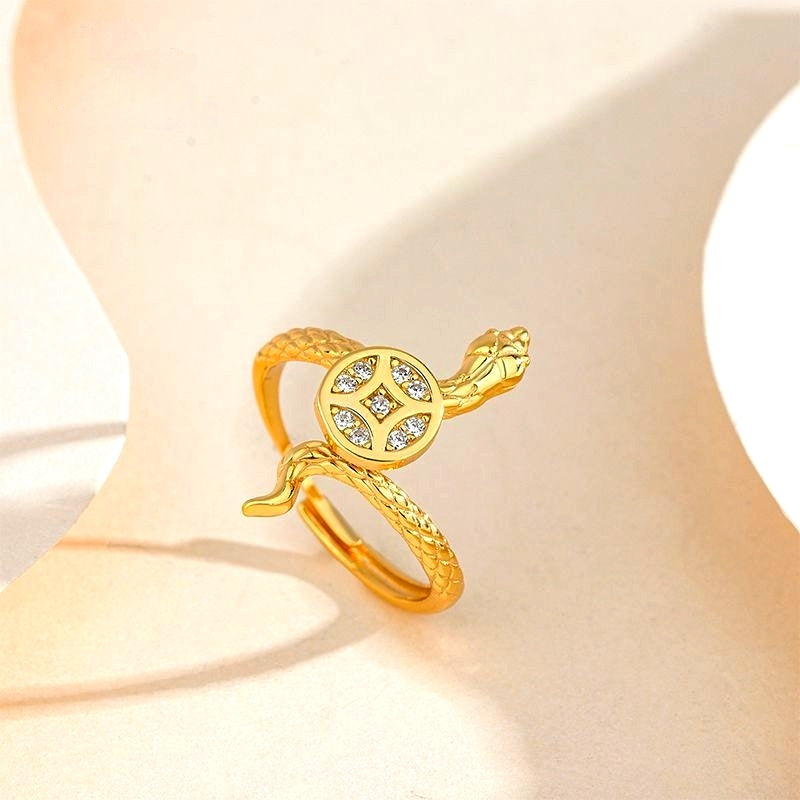Sterling Silver Snake Diamond-Encrusted Rotating Copper Coin Rings