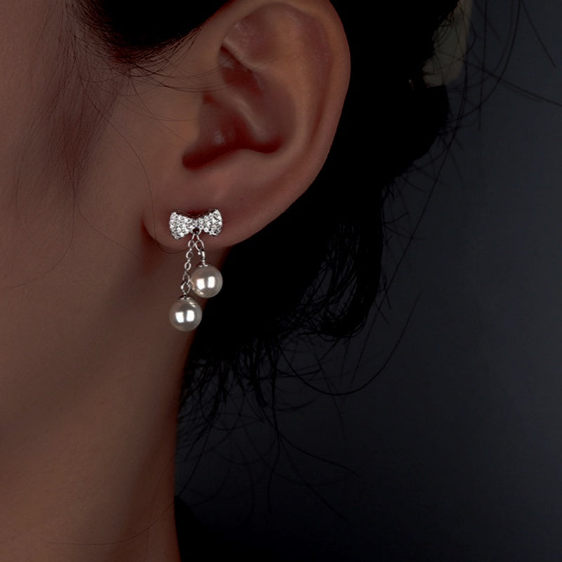 Sterling Silver Zircon Diamond Bow Pearl Tassel Earrings