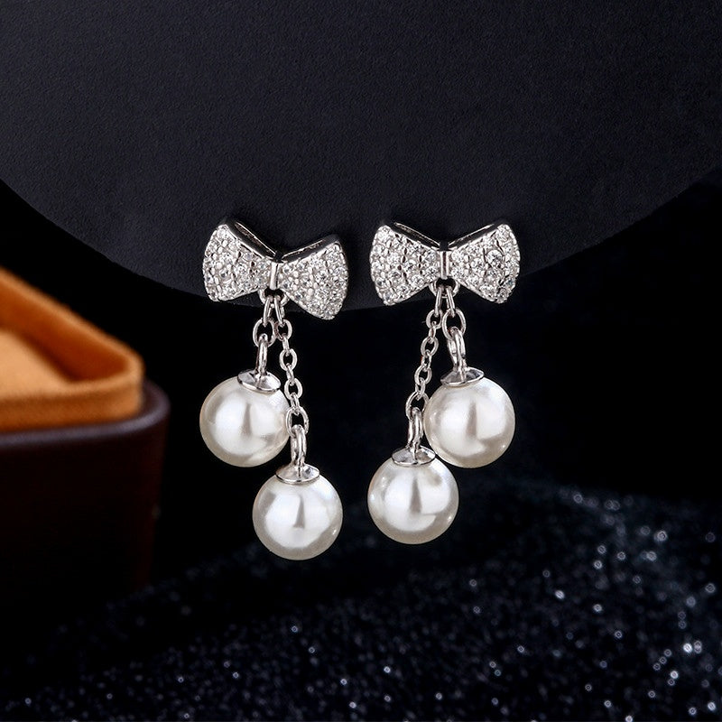 Sterling Silver Zircon Diamond Bow Pearl Tassel Earrings