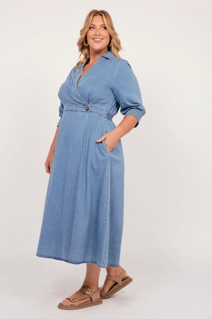 Wendy Chambray Short Sleeve Wrap Dress in Light Wash