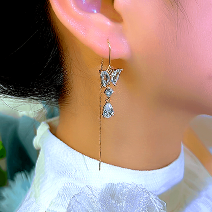 14K Gold-Plated Zircon Butterfly Water Drop Threader Earrings