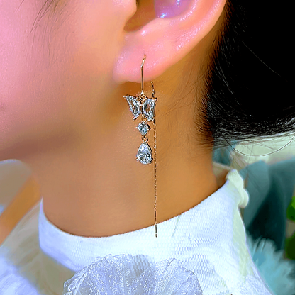 14K Gold-Plated Zircon Butterfly Water Drop Threader Earrings